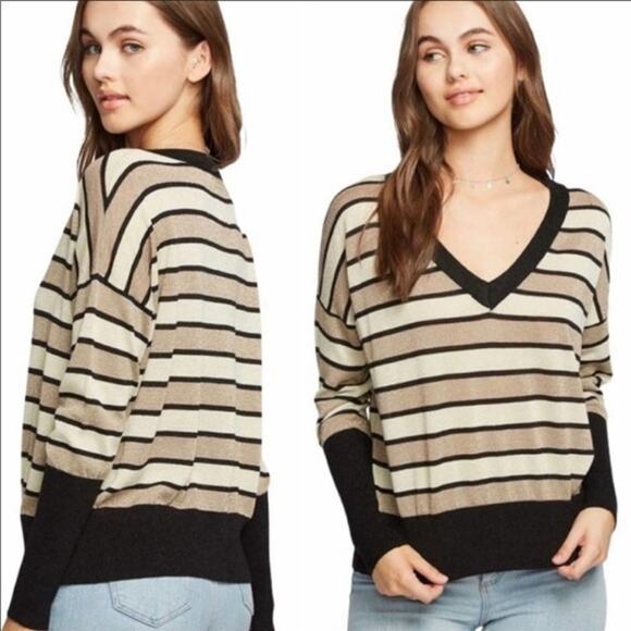 Chaser Lurex Striped V Neckline Pullover Sweater Black Tan Womens Size Small - Picture 5 of 10
